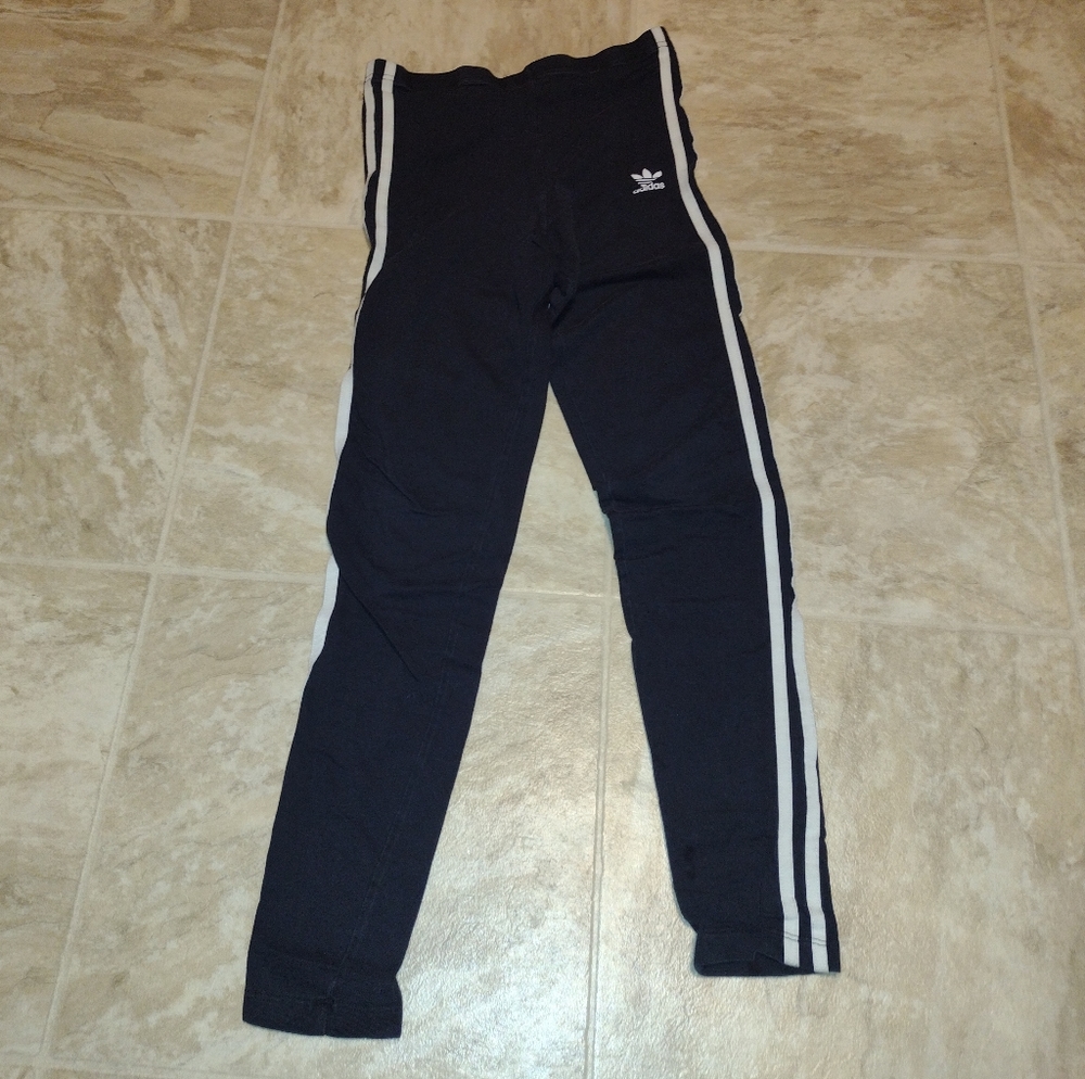 Adidas Originals girls black leggings with 3 white stripes down legs, large